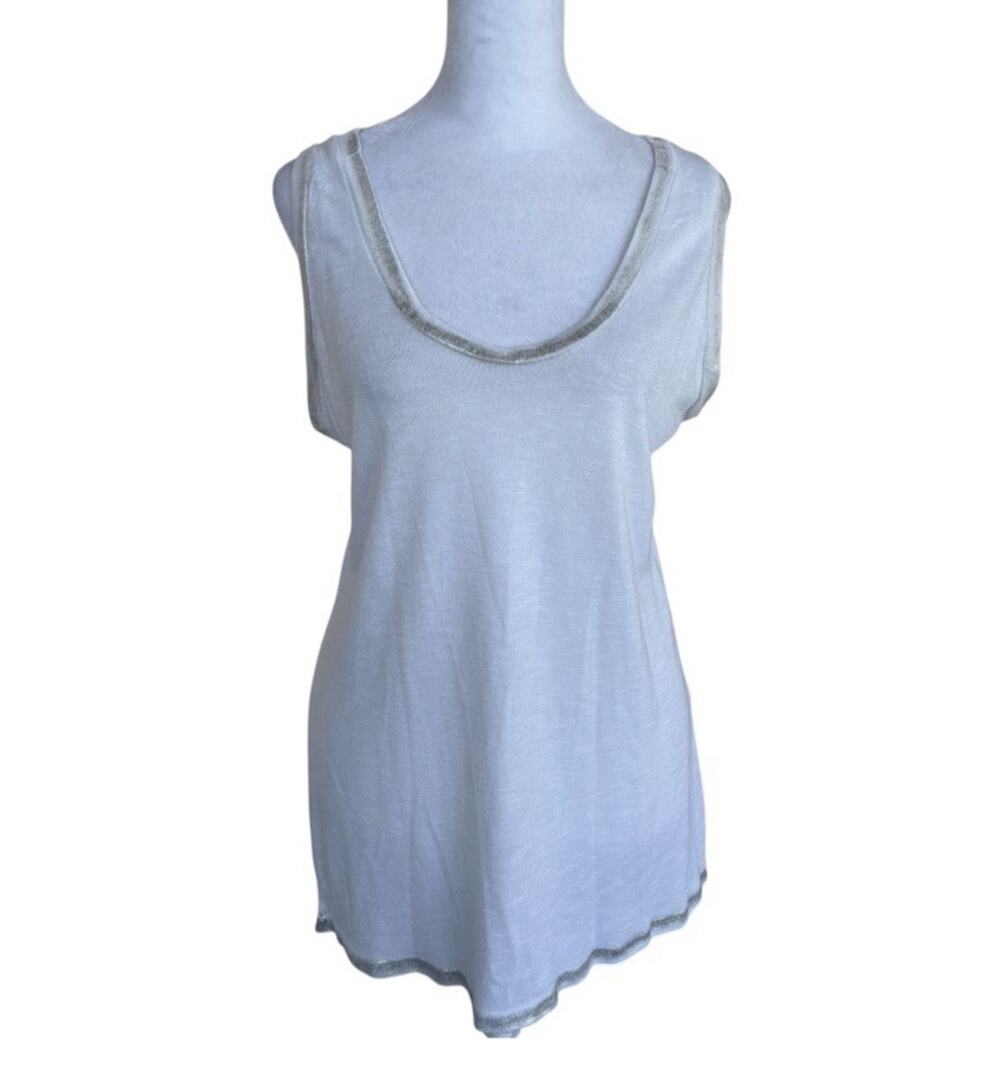 Gigi Moda Italy White Flowy Tunic Tank Top Silver Metallic Trim Lagenlook Euro